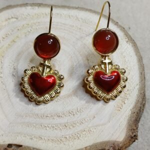 Boucles d'oreilles en acier inoxydable doré avec perle de cornaline et Coeur en époxy