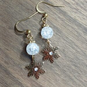 Boucles d'oreilles acier inox inoxydable doré et perle de Cristal de Roche craquelé